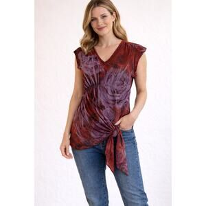 Unity World Wear Womens Top Large Red Purple Floral Asymmetrical Tie Front